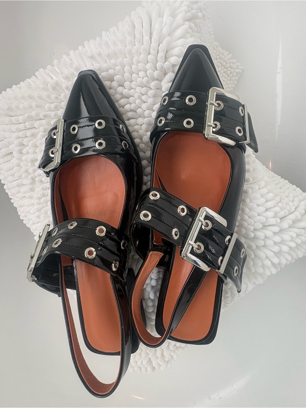 Black Patent Pointed Slingback Flats with Buckle Detail